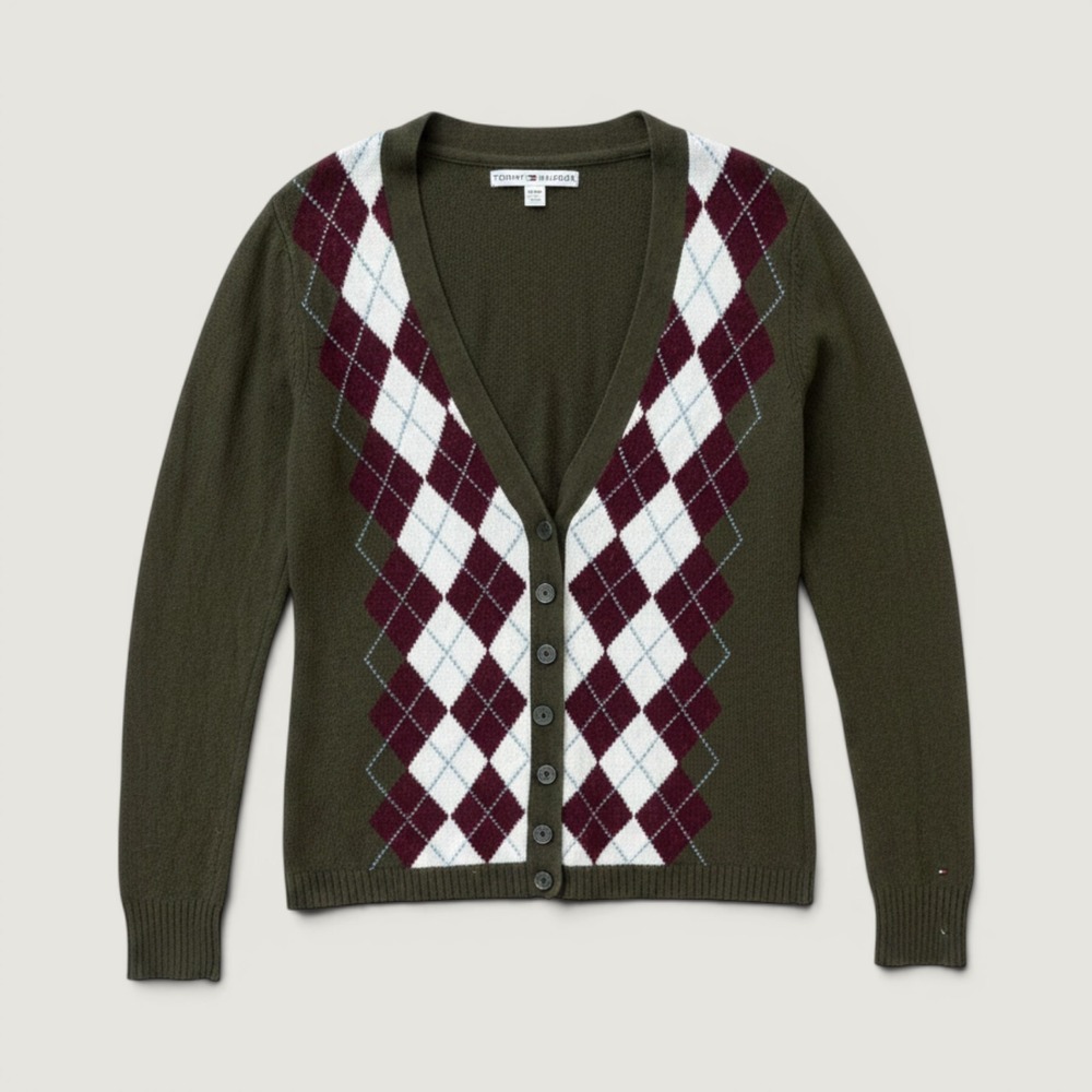 Tommy Hilfiger Cardigan Womens XL Green Good Argyle Wool Angora Blend V-Neck - Picture 1 of 9